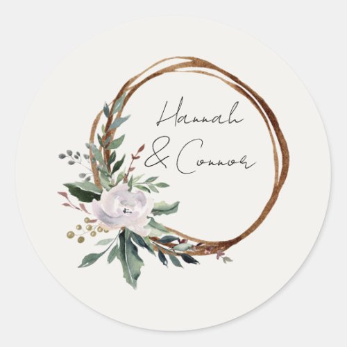 Elegant Minimalist Winter Wreath White Green Classic Round Sticker