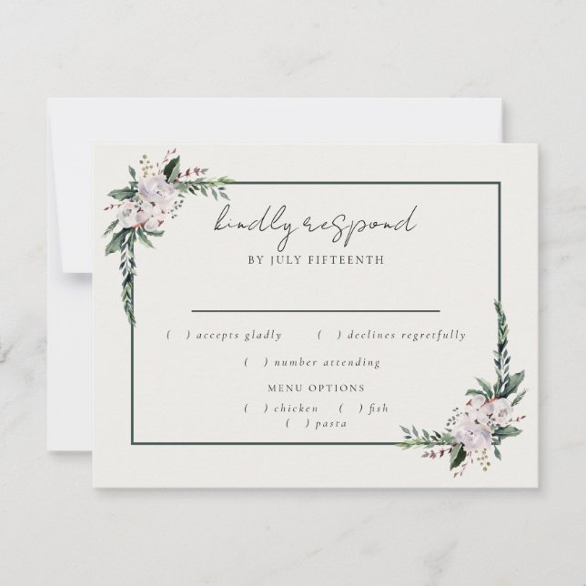 Elegant Minimalist Winter Wreath White Green RSVP  Card (Front)