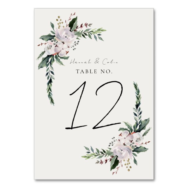 Elegant Minimalist Winter Wreath White Green Table Number (Front)