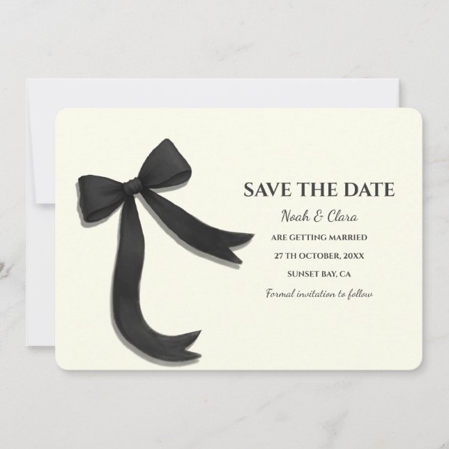 Elegant Minimalist with Black Bow - Simple classic Save The Date (Front)