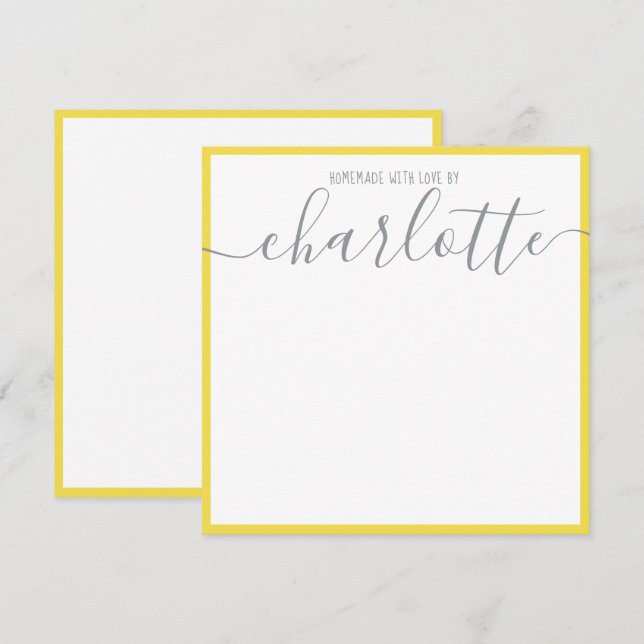 Elegant Minimalist Yellow Strips Grey Script Name  Note Card (Front/Back)
