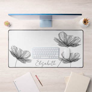 Elegant Minimalistic Flowers Cute Boho Girly White Desk Mat