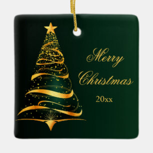 Elegant Minimalistic Golden tree Merry Christmas  Ceramic Ornament