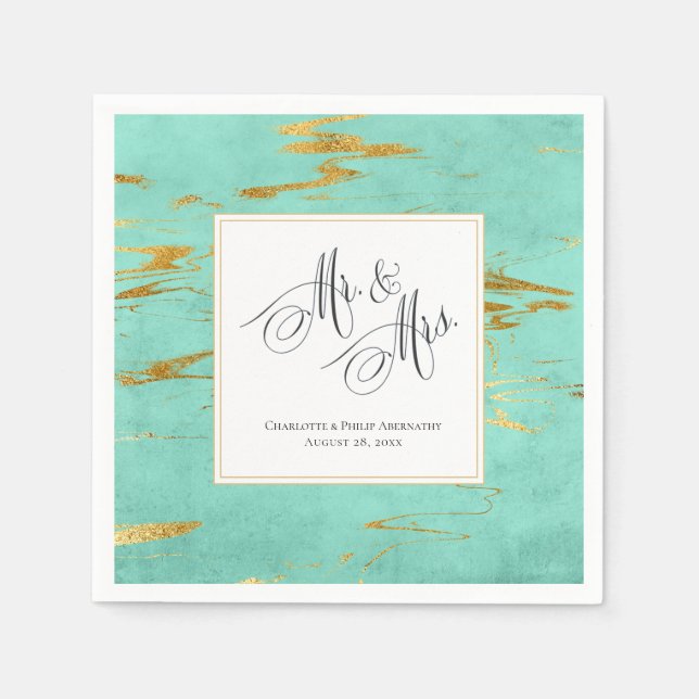 Elegant Mint and Gold Faux Foil Wedding Paper Napkins (Front)