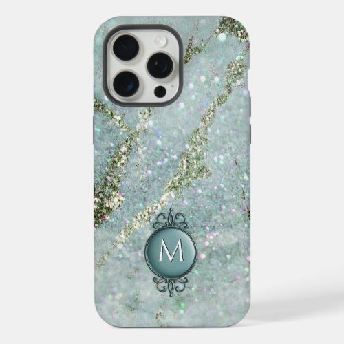 Elegant Mint and Gold Glitter Monogram  iPhone 15 Pro Max Case