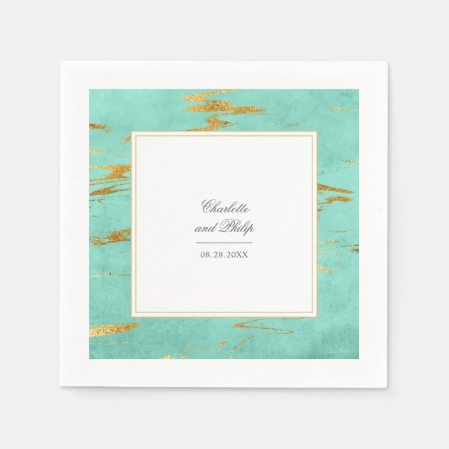 Elegant Mint and Gold Marble Pattern Wedding Napkins (Front)