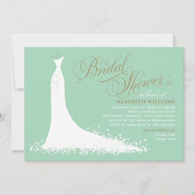 Elegant Mint and Gold Wedding Gown Bridal Shower Invitation (Front)