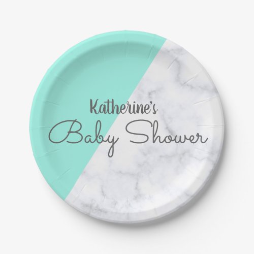 Elegant mint and white marble baby shower paper plates