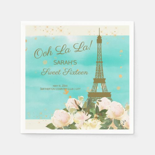 Elegant Mint Aqua Gold Eiffel Tower Paris Sweet 16 Napkins