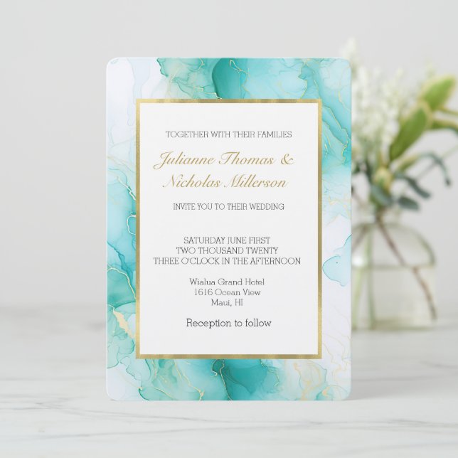 Elegant Mint Aqua Pearl Gold Marble Wedding Invitation (Standing Front)