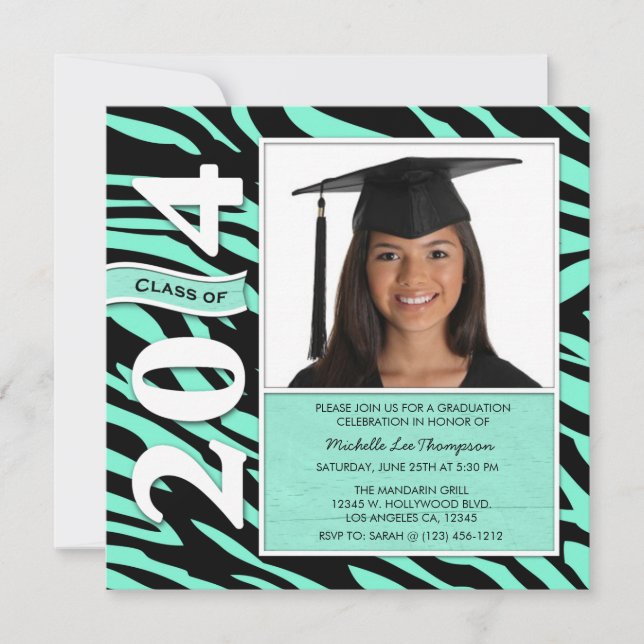 Elegant Mint & Black Zebra Stripes Class of 2014 Invitation (Front)