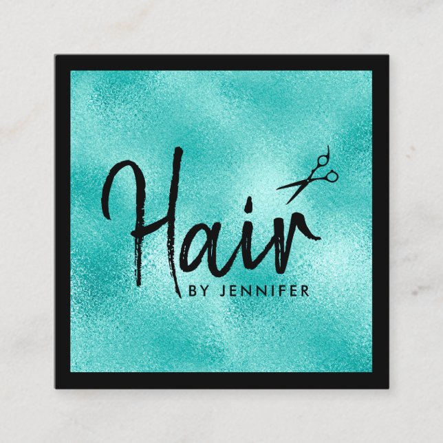 Elegant mint blue & black scissors hairstylist square business card (Front)