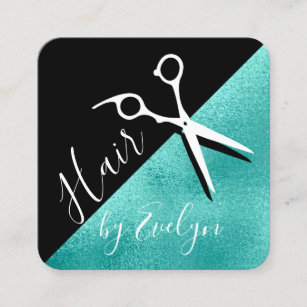 Elegant mint blue & black scissors hairstylist square business card
