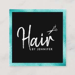 Elegant mint blue & black scissors hairstylist square business card