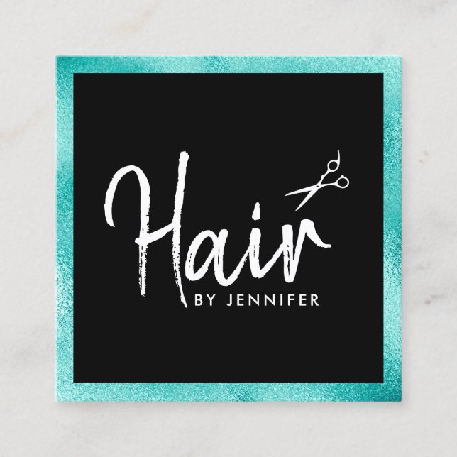 Elegant mint blue & black scissors hairstylist square business card (Front)