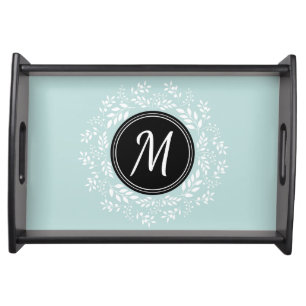 Elegant Mint Blue Floral Wreath Custom Monogram Serving Tray