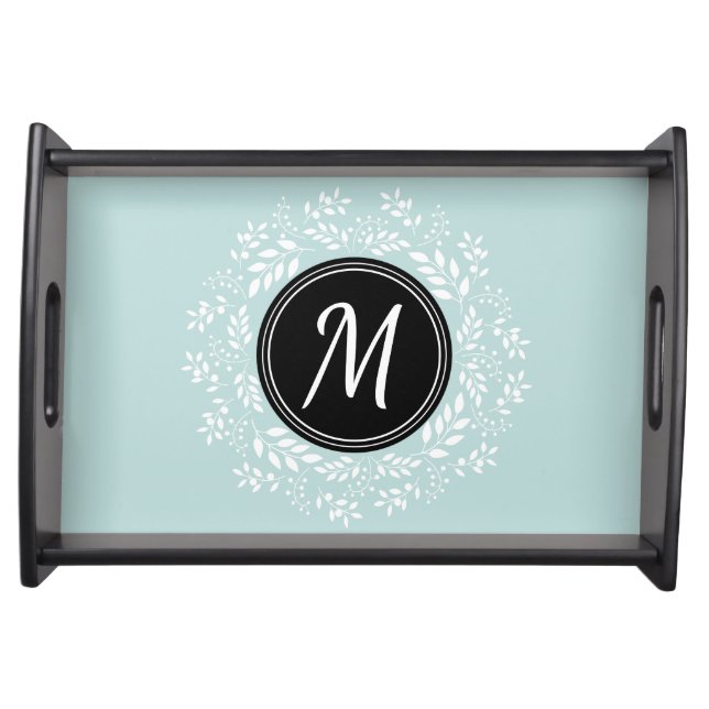 Elegant Mint Blue Floral Wreath Custom Monogram Serving Tray (Front)