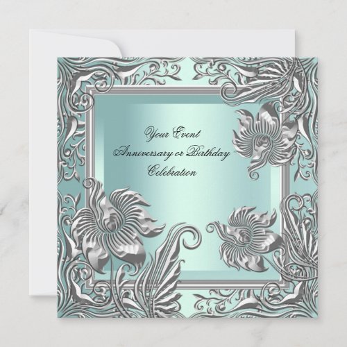 Elegant Mint Blue Silver Floral Party Invitation