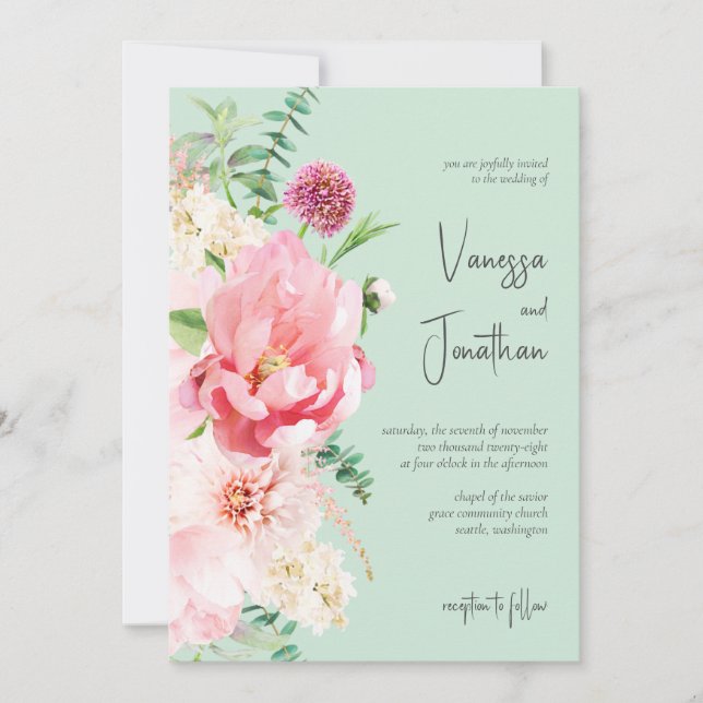 Elegant Mint & Blush Pink Floral Chic Invitation (Front)