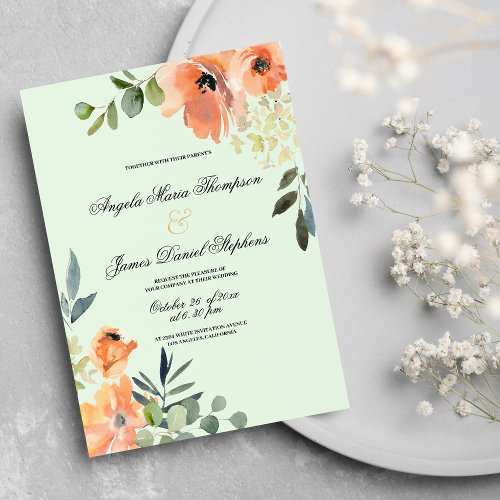 Elegant mint coral pink floral ampersand wedding  invitation