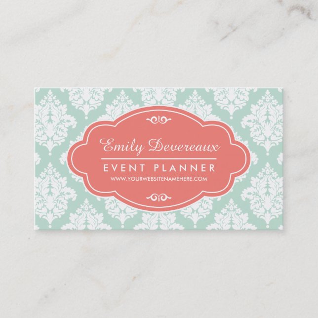 Elegant Mint Damask Personalized Business Card (Front)