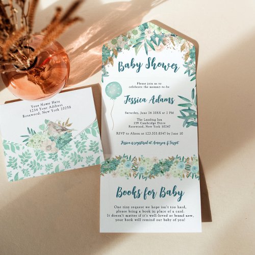 Elegant Mint Floral Baby Shower All In One Invitation