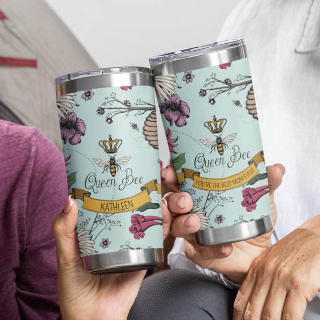 Elegant Mint Floral Queen Bee Crown Best Mom Ever Insulated Tumbler (Elegant Floral Queen Bee & Gold Crown Pattern in Mint. Beehive, Honeybees, Flowers Drawings for Her)