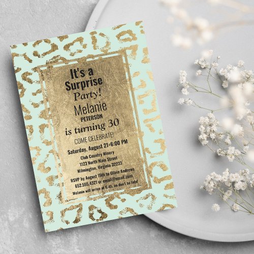 Elegant mint gold animal print Birthday Party Invitation