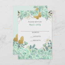 Elegant Mint Gold Butterflies Floral  RSVP Card