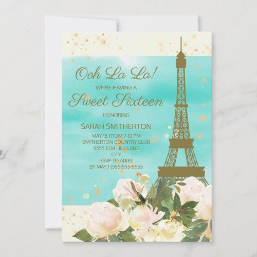 Elegant Mint Gold Eiffel Tower Paris Sweet 16   Invitation