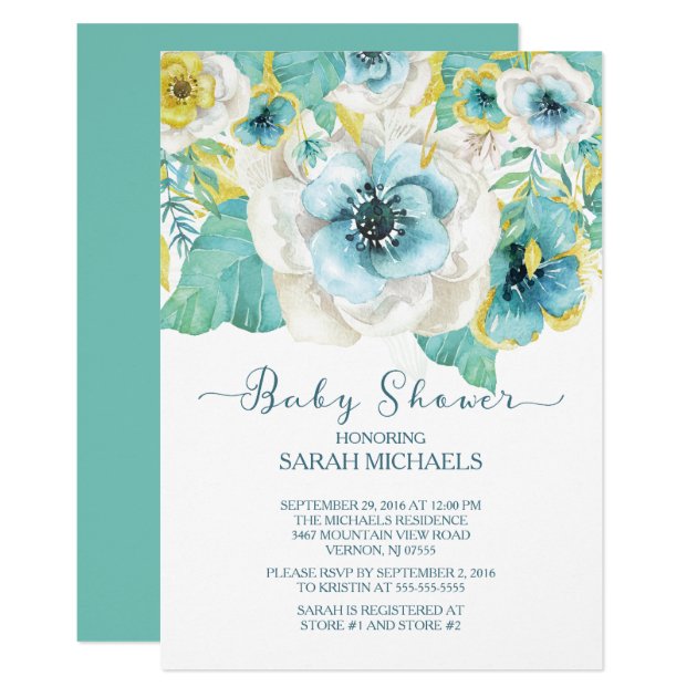 Elegant Mint & Gold Floral Baby Shower Invitation