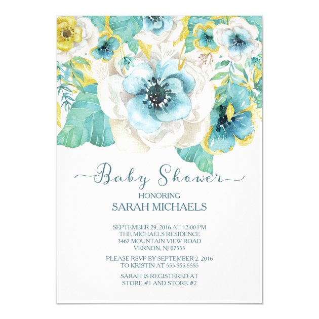 Elegant Mint & Gold Floral Baby Shower Invitation