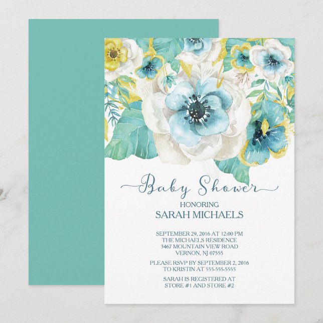 Elegant Mint & Gold Floral Baby Shower Invitation (Front/Back)