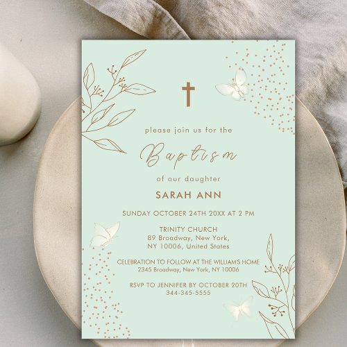 Elegant Mint Gold Leaves Butterfly Cross Baptism Invitation