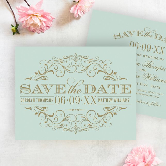 Elegant Mint Gold Ornate Flourish Wedding Save The Date (Creator Uploaded)