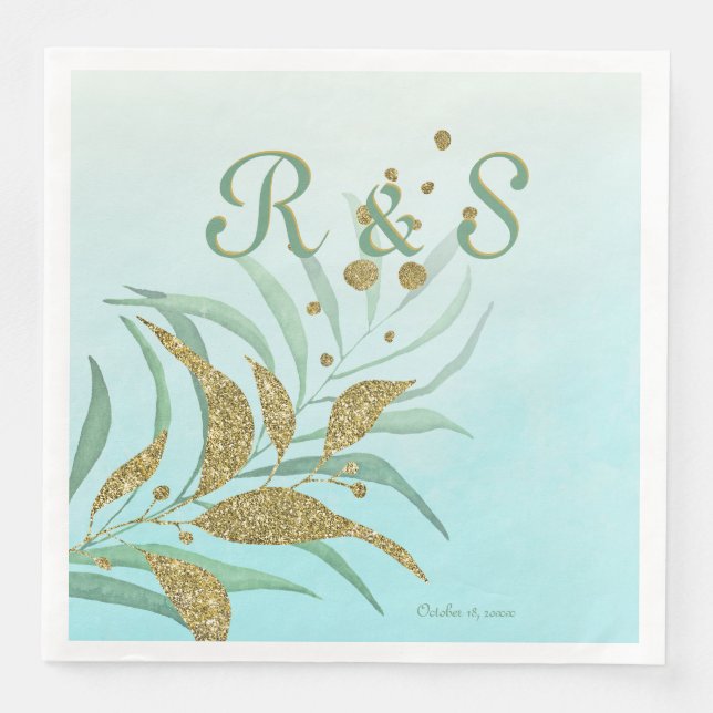 Elegant Mint, Gold Watercolor Foliage Monogram Paper Dinner Napkins (Front)