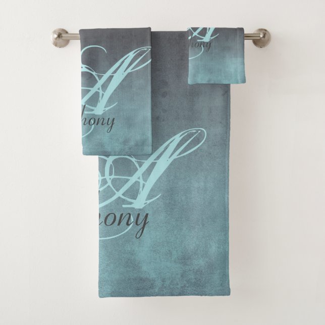 Elegant Mint Gray Black rustic monogram Bath Towel Set (Insitu)