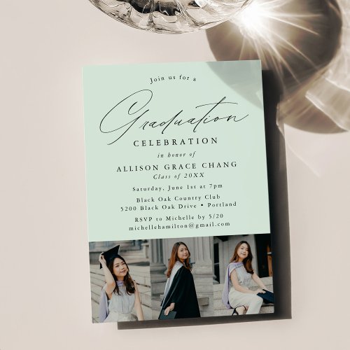 Elegant Mint Green 3 Photo Graduation Party Invitation