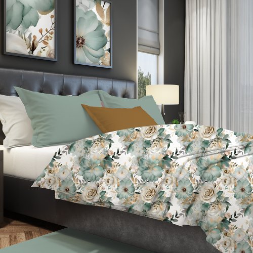 Elegant Mint Green and Gold Watercolor Floral Duvet Cover