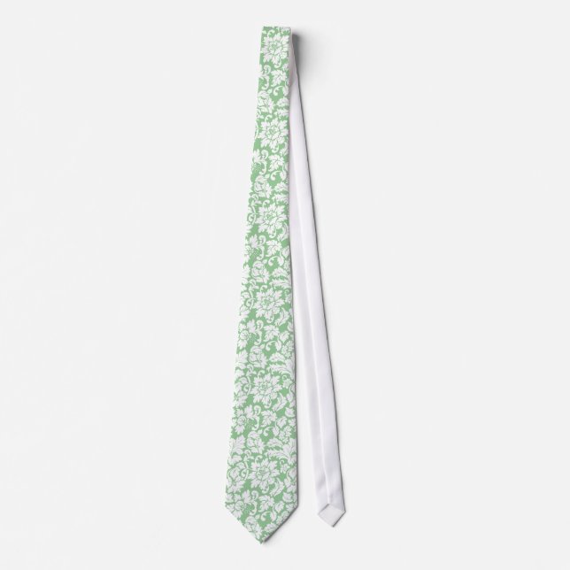 Elegant Mint-Green And White Floral Damasks Tie (Front)