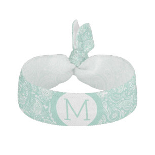 Elegant Mint-Green And White Paisley Ribbon Hair Tie