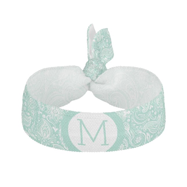 Elegant Mint-Green And White Paisley Ribbon Hair Tie (Front)