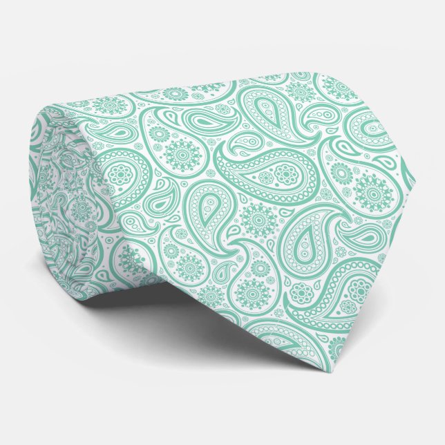 Elegant Mint-Green And White Vintage Paisley Tie (Rolled)