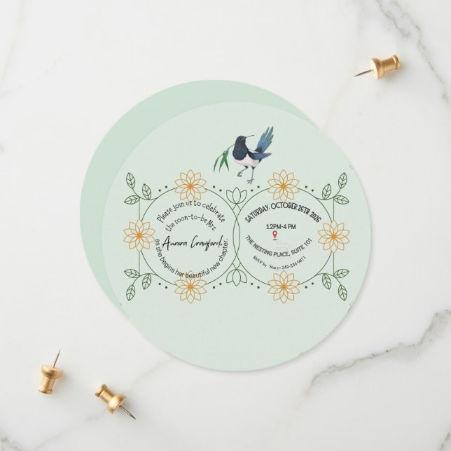 Elegant Mint Green & Botanical Bird Bridal Shower  Save The Date (Front/Back In Situ)