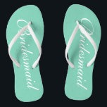 Elegant mint green bridesmaid wedding flip flops<br><div class="desc">Elegant mint green wedding flip flops for bridesmaids. Custom background and strap color personalizable with name or monogram initials optional. Modern his and hers sandals with stylish script calligraphy typography. Cute party favor for beach theme wedding, marriage, bridal shower, engagement, anniversary, bbq, bachelorette, bachelor, girls weekend trip etc. Make your...</div>