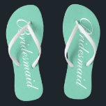 Elegant mint green bridesmaid wedding flip flops<br><div class="desc">Elegant mint green wedding flip flops for bridesmaids. Custom background and strap color personalizable with name or monogram initials optional. Modern his and hers sandals with stylish script calligraphy typography. Cute party favor for beach theme wedding, marriage, bridal shower, engagement, anniversary, bbq, bachelorette, bachelor, girls weekend trip etc. Make your...</div>