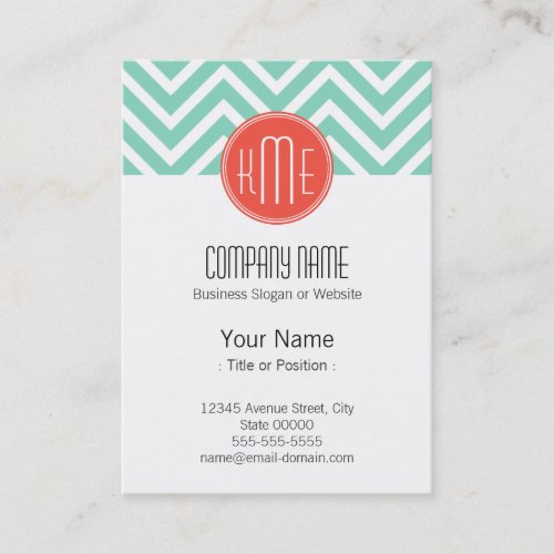 Elegant Mint Green Chevron and Orange Monogram Business Cards