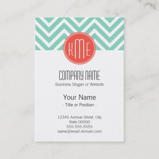 Customizable Elegant Mint Green Chevron and Orange Monogram Business Cards