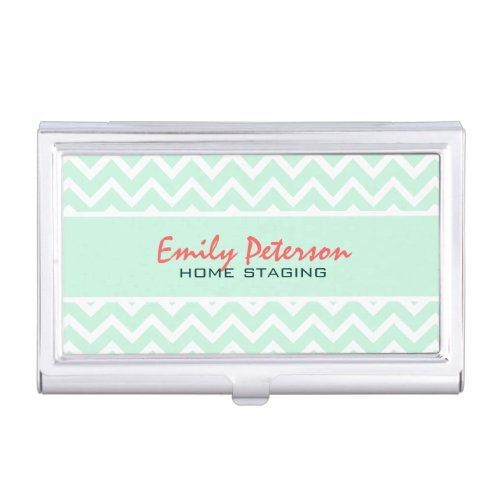 Elegant Mint Green Chevron And White Background Business Card Case