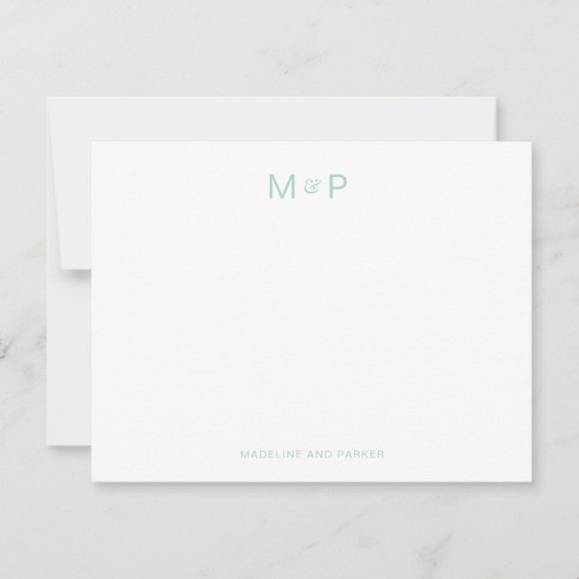 Elegant Mint Green Contemporary Couple Monogram Note Card (Front)